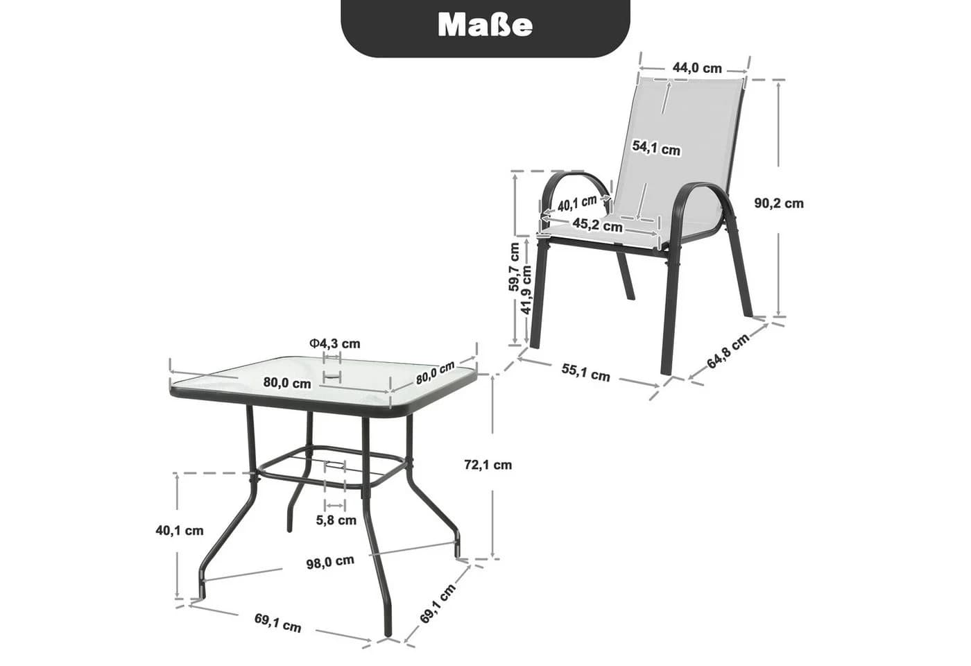 Avestar Garten-Essgruppe 5-tlg. Grau/Schwarz mit Glastisch