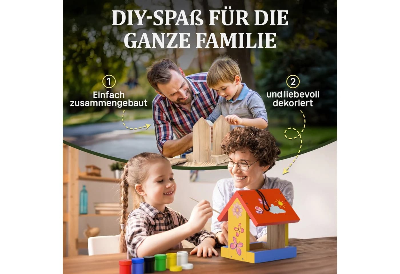 Eli Futterhaus Bausatz für Kinder zum Bemalen mit 6 Farben, Holzhammer & Nägel