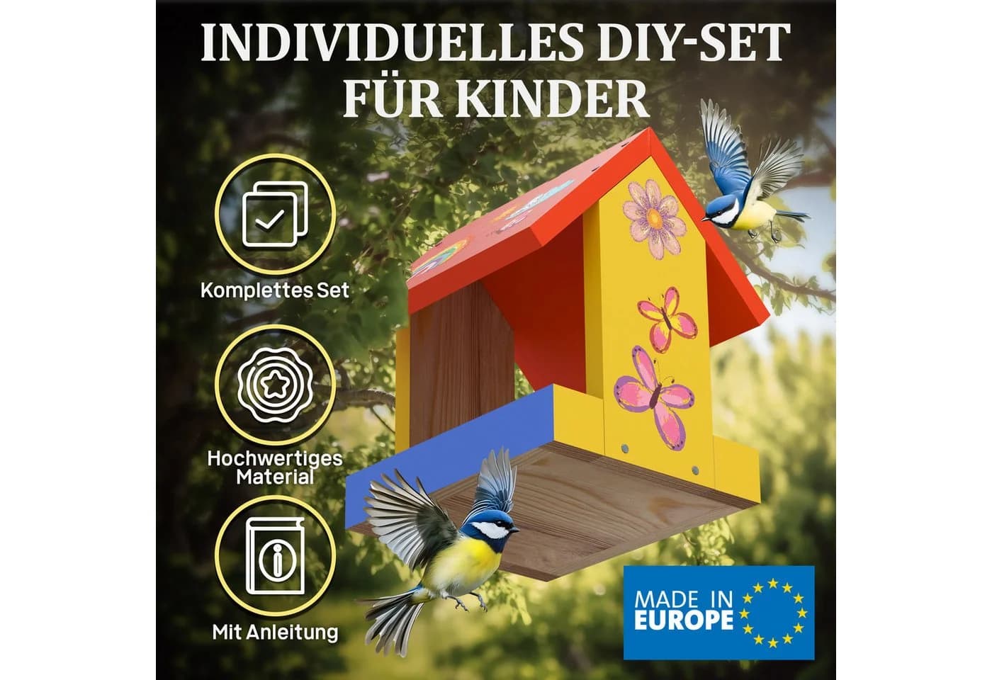 Eli Futterhaus Bausatz für Kinder zum Bemalen mit 6 Farben, Holzhammer & Nägel - Bild 3
