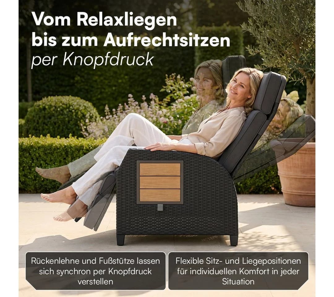 STEELSØN Gartensessel Caelum mit Liegefunktion & Ausklapptisch Schwarz