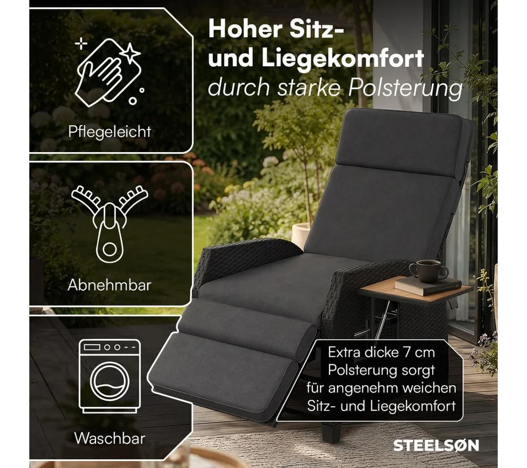 STEELSØN Gartensessel Caelum mit Liegefunktion & Ausklapptisch Schwarz - Bild 4