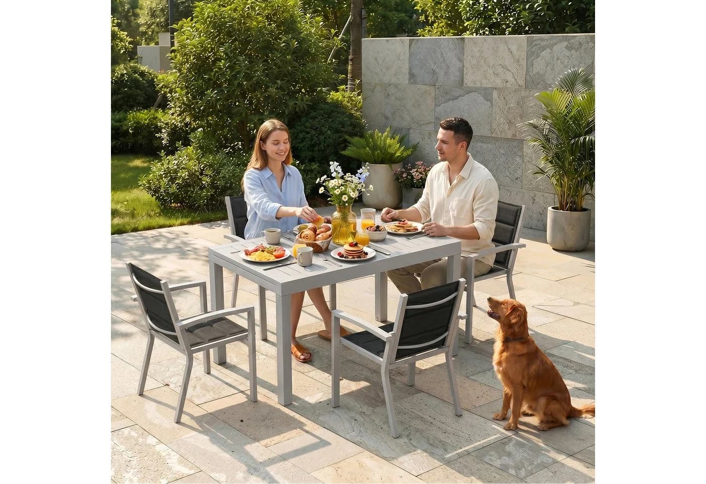 HOMALL Gartenstuhl Stapelbar Aluminium Grau Texilene
