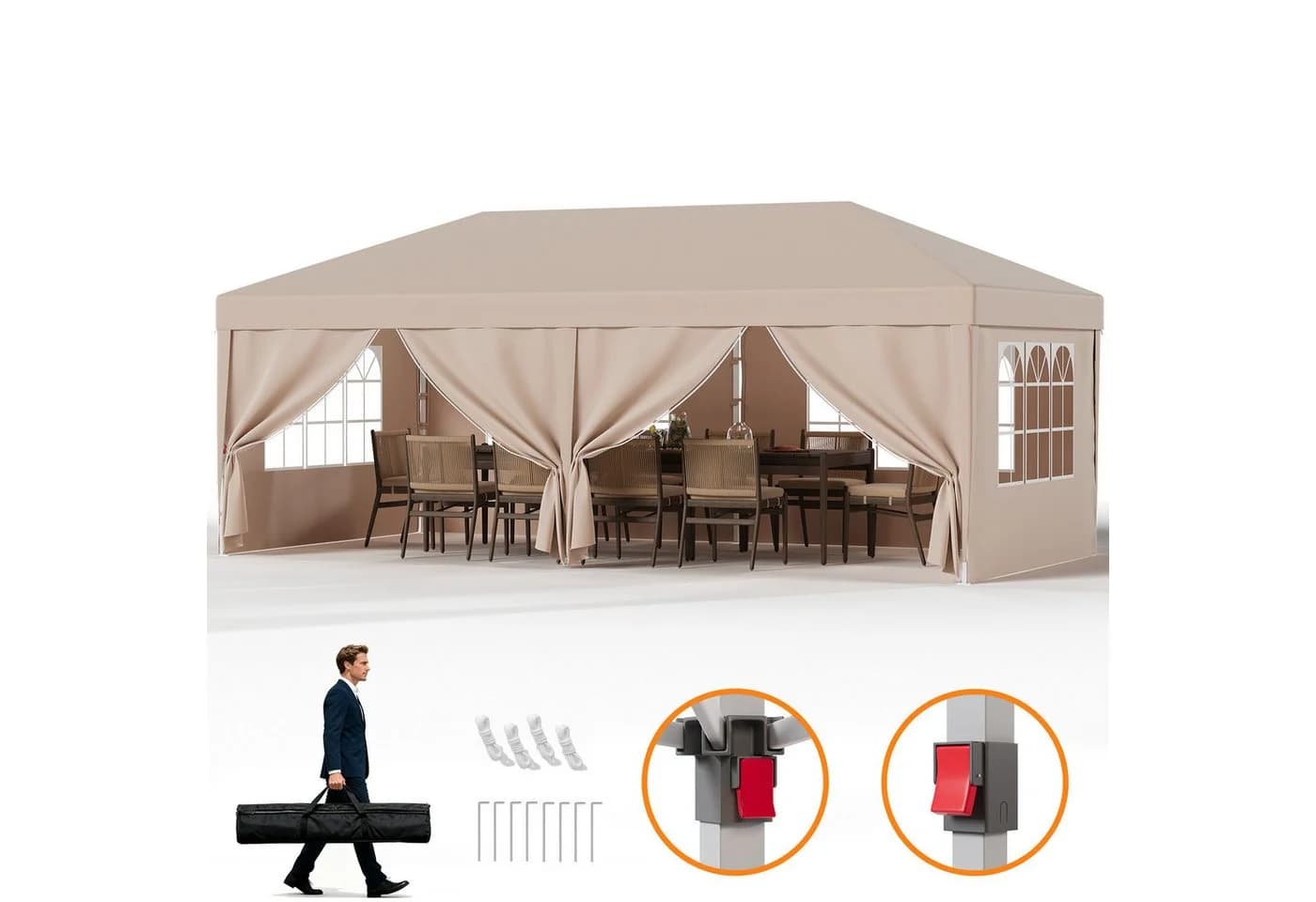 GUNJI Faltpavillon 3x6m Schwarz Höhenverstellbar