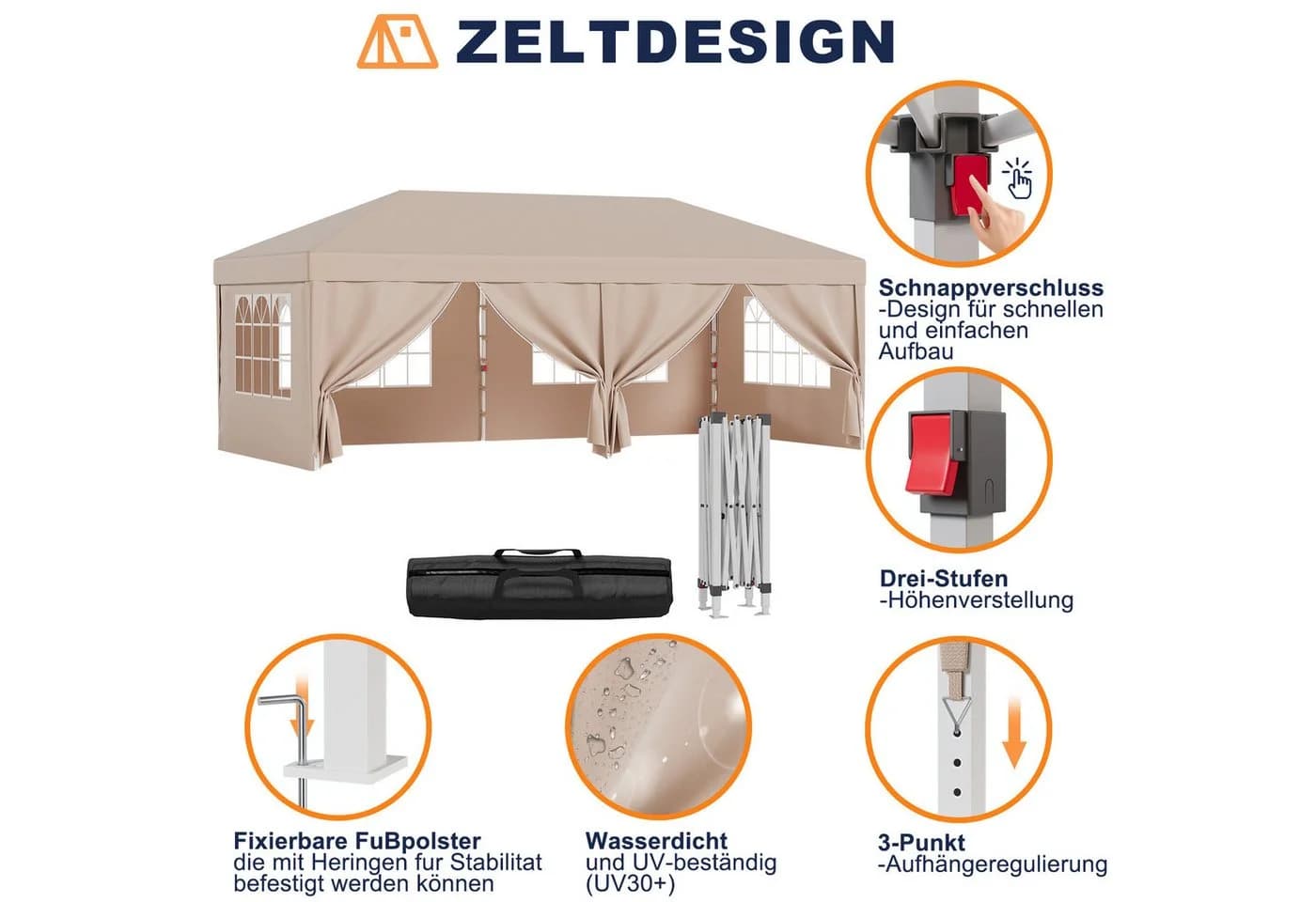 GUNJI Faltpavillon 3x6m Schwarz Höhenverstellbar - Bild 5