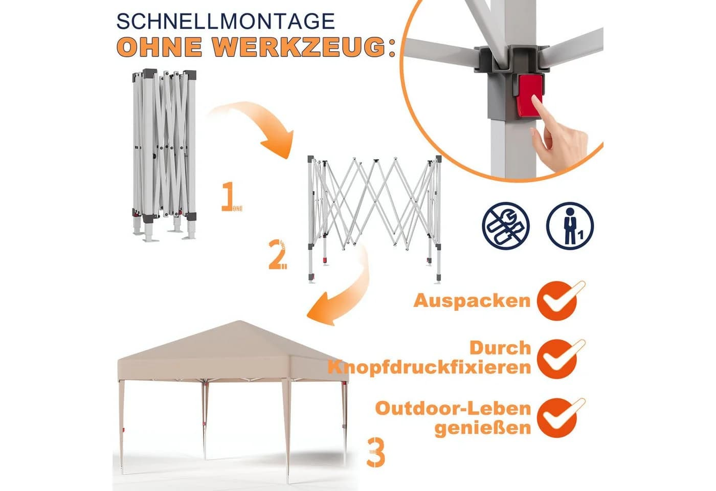 GUNJI Faltpavillon 3x3m Beige Höhenverstellbar UV-Schutz - Bild 3