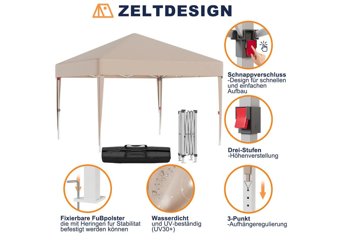 GUNJI Faltpavillon 3x3m Beige Höhenverstellbar UV-Schutz - Bild 4