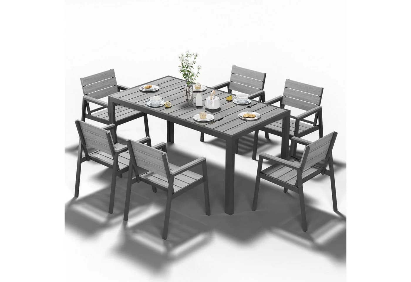 HOMALL Garten-Essgruppe 4-8 Pers. Aluminium PS-Holzoptik Grau