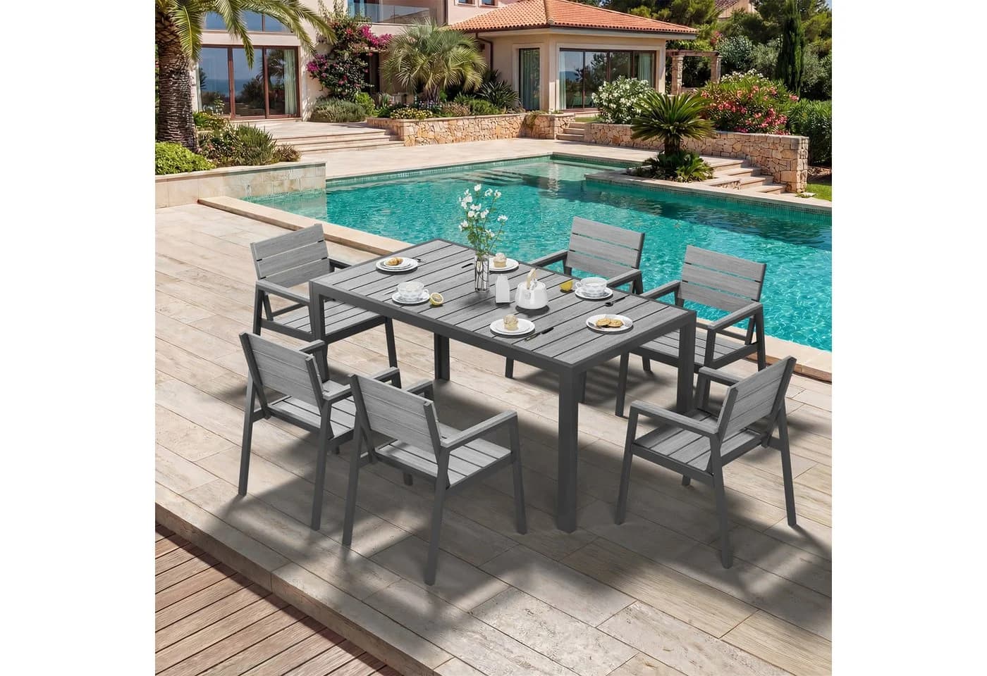 HOMALL Garten-Essgruppe 4-8 Pers. Aluminium PS-Holzoptik Grau - Bild 2