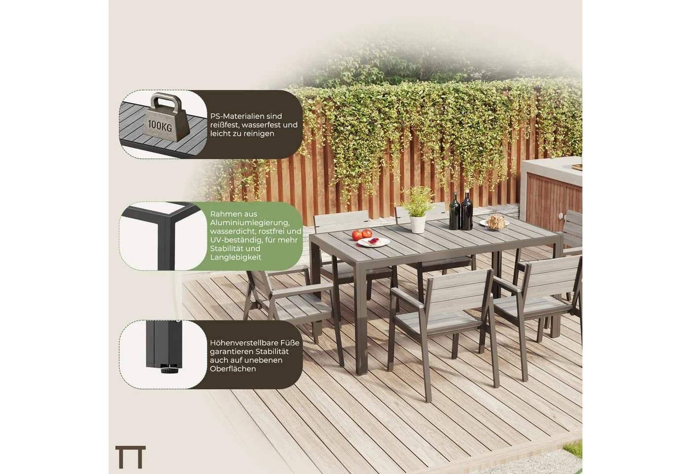 HOMALL Garten-Essgruppe 4-8 Pers. Aluminium PS-Holzoptik Grau - Bild 4
