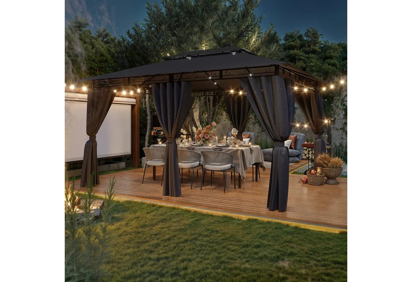 HOMALL Gartenpavillon 3x4m Grau mit LED-Solarleuchten & 6 Seitenwänden