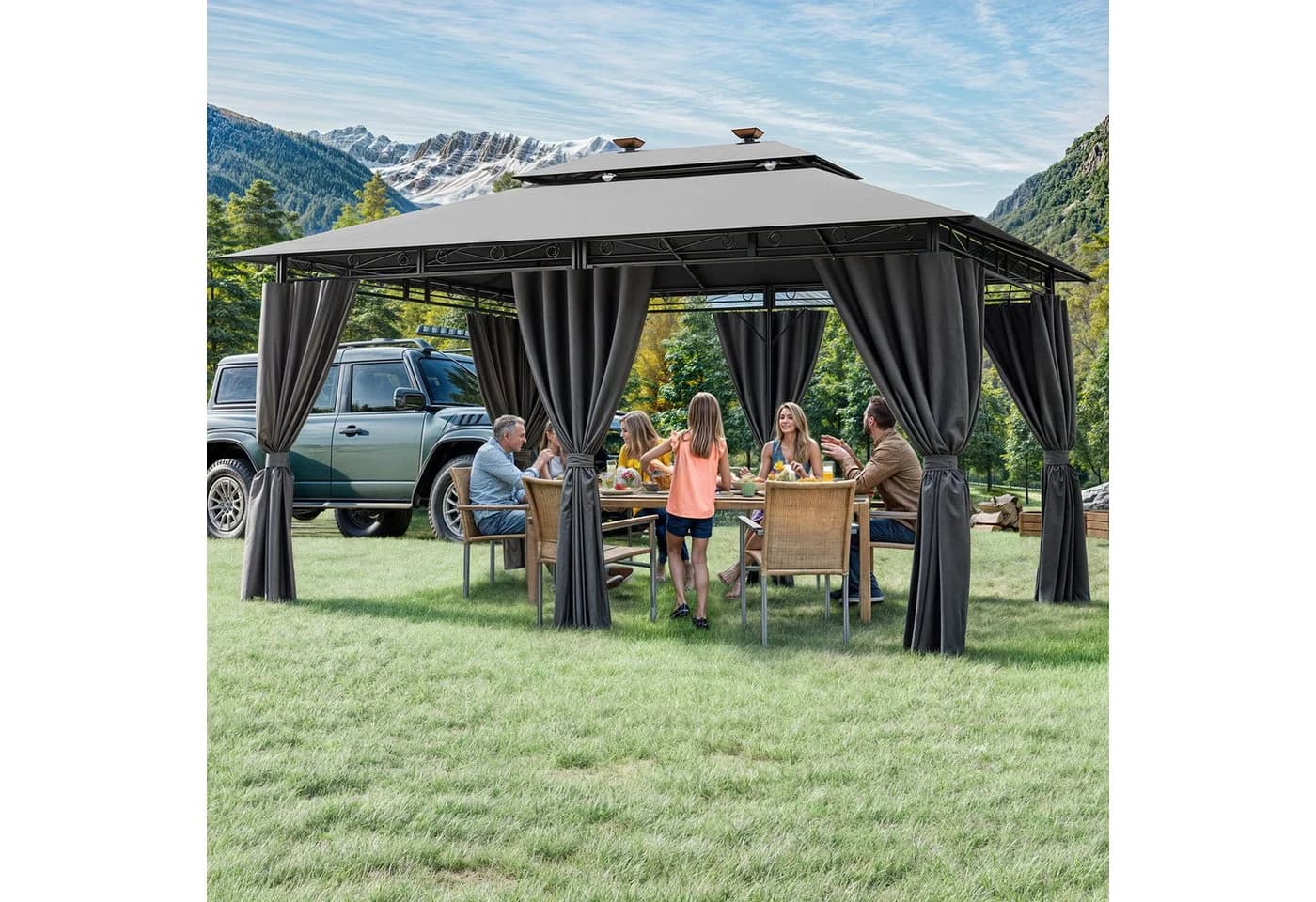 HOMALL Gartenpavillon 3x4m Grau mit LED-Solarleuchten & 6 Seitenwänden - Bild 2