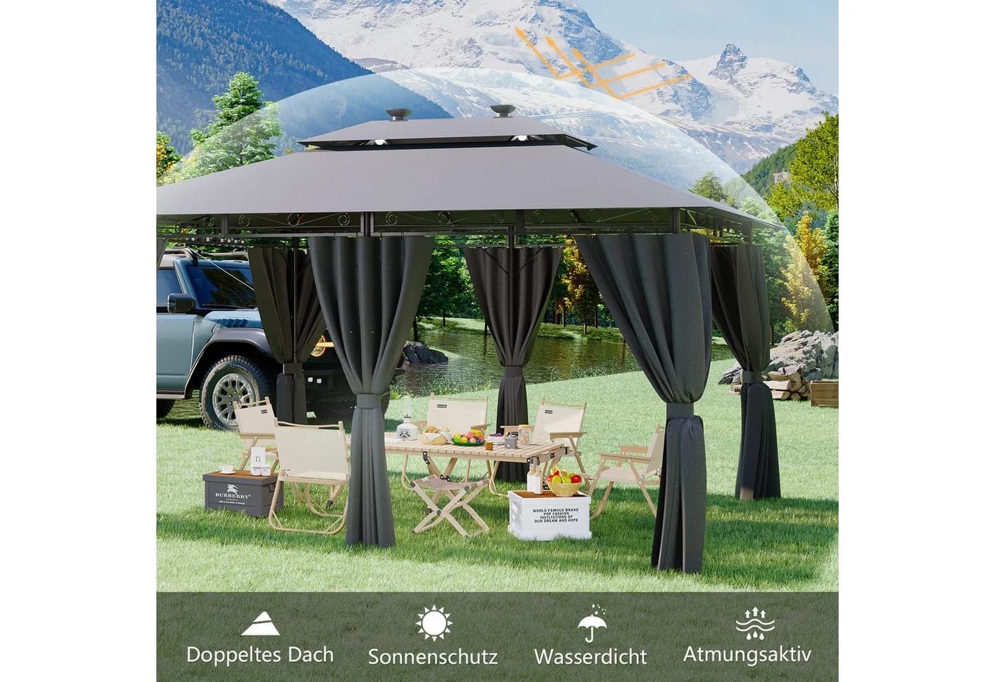 HOMALL Gartenpavillon 3x4m Grau mit LED-Solarleuchten & 6 Seitenwänden - Bild 3