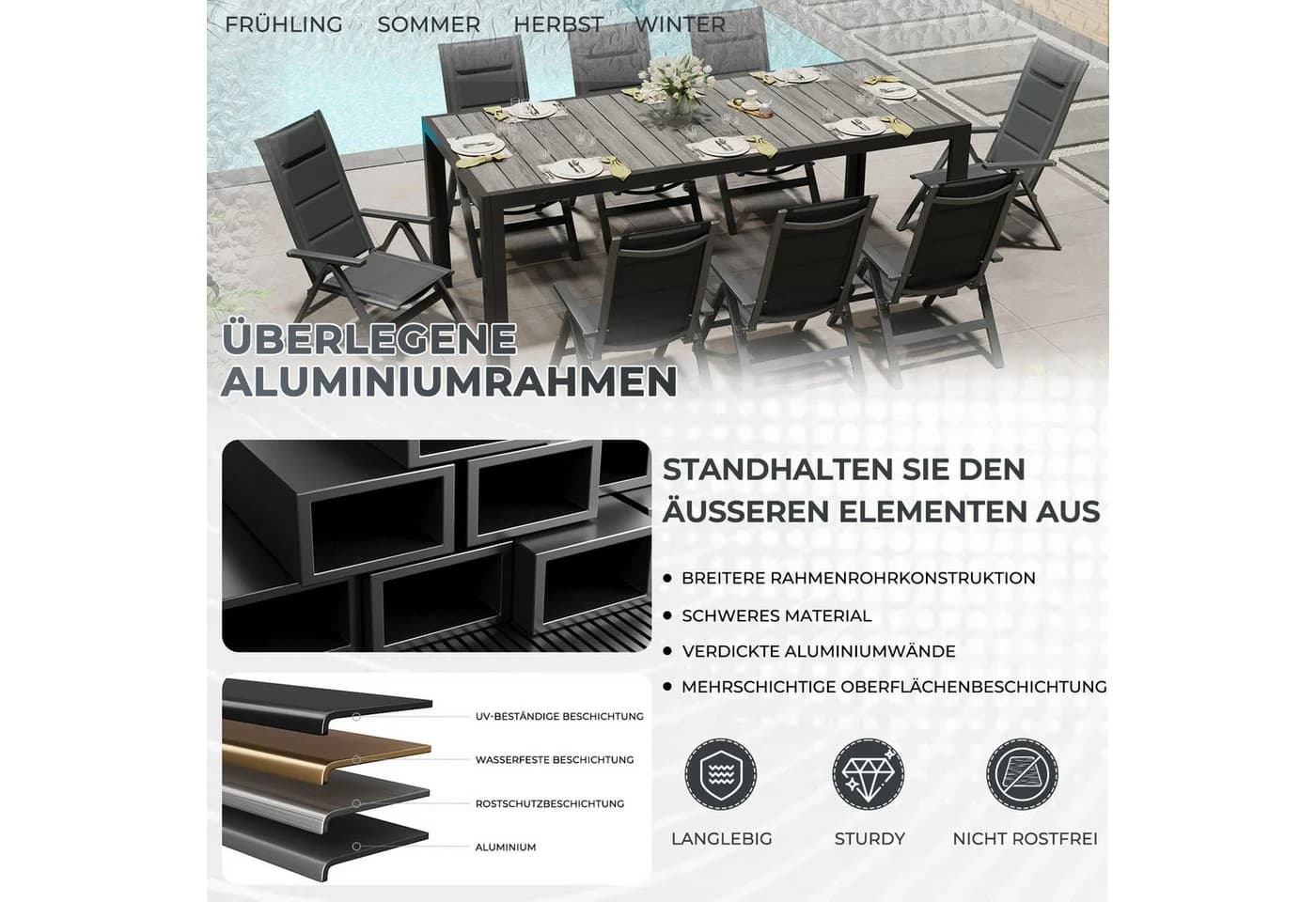 HOMALL Garten-Essgruppe 9-tlg. Aluminium Tisch & Klappstühle Holzoptik - Bild 4