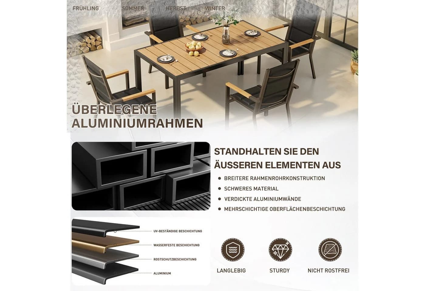 HOMALL Garten-Essgruppe 5-tlg. Beige/Grau Aluminium mit Holzoptik - Bild 3