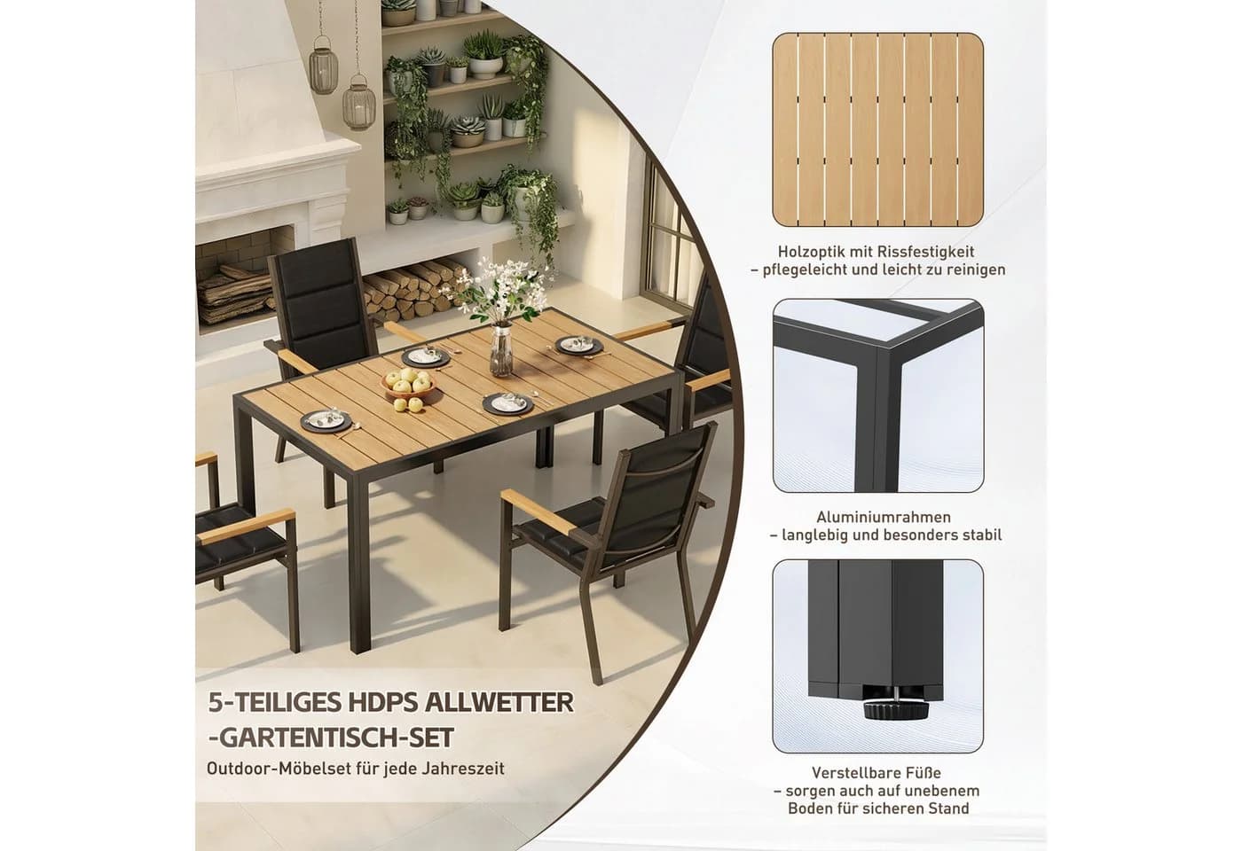 HOMALL Garten-Essgruppe 5-tlg. Beige/Grau Aluminium mit Holzoptik - Bild 4