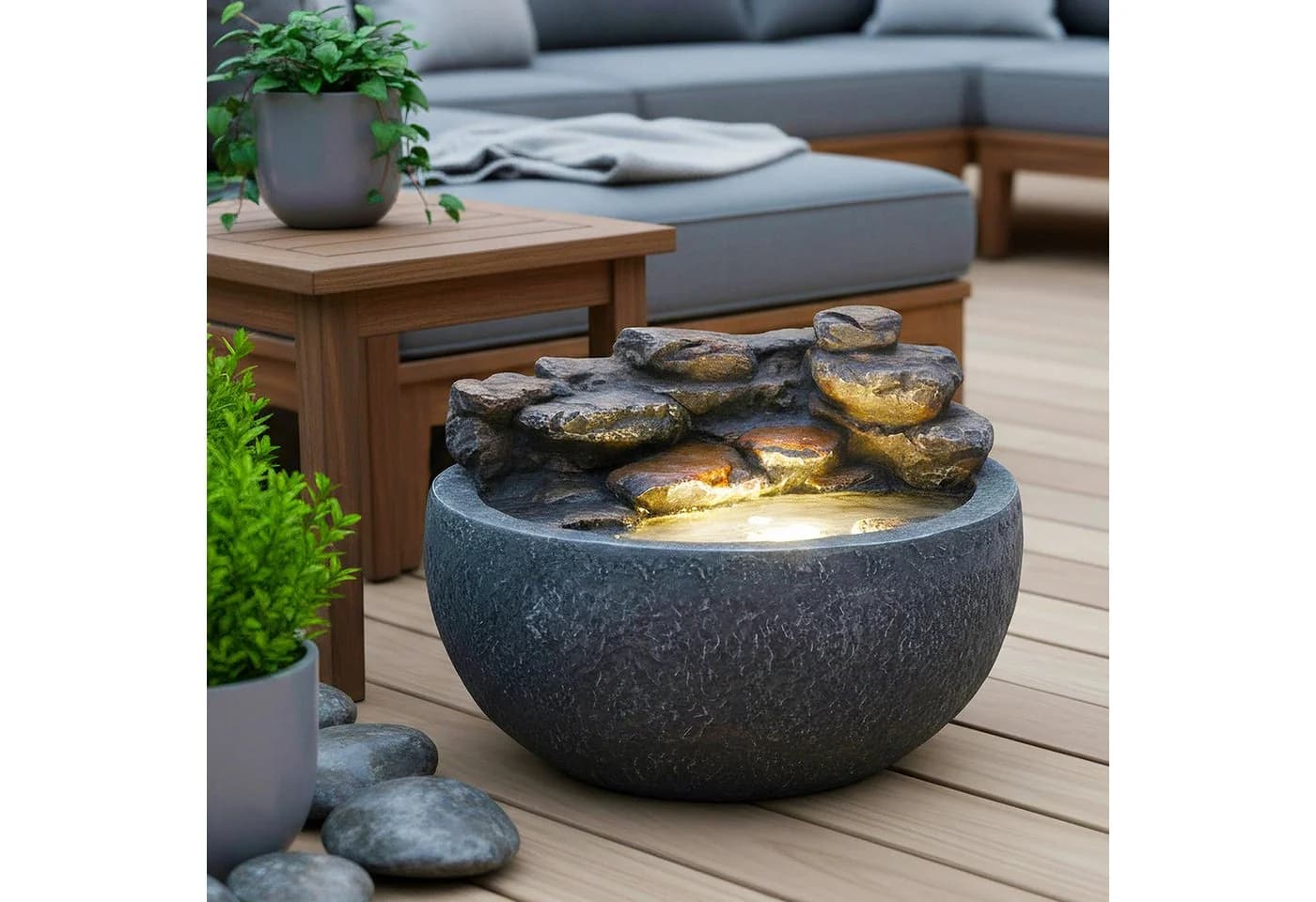 Arnusa Gartenbrunnen mit LED-Beleuchtung Steinoptik Grau - Bild 2