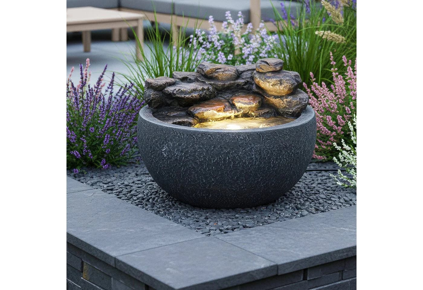 Arnusa Gartenbrunnen mit LED-Beleuchtung Steinoptik Grau - Bild 5