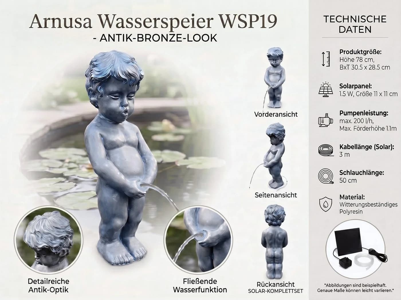 Arnusa Solar Wasserspeier Junge klassisch Gartendeko Polyresin - Bild 3
