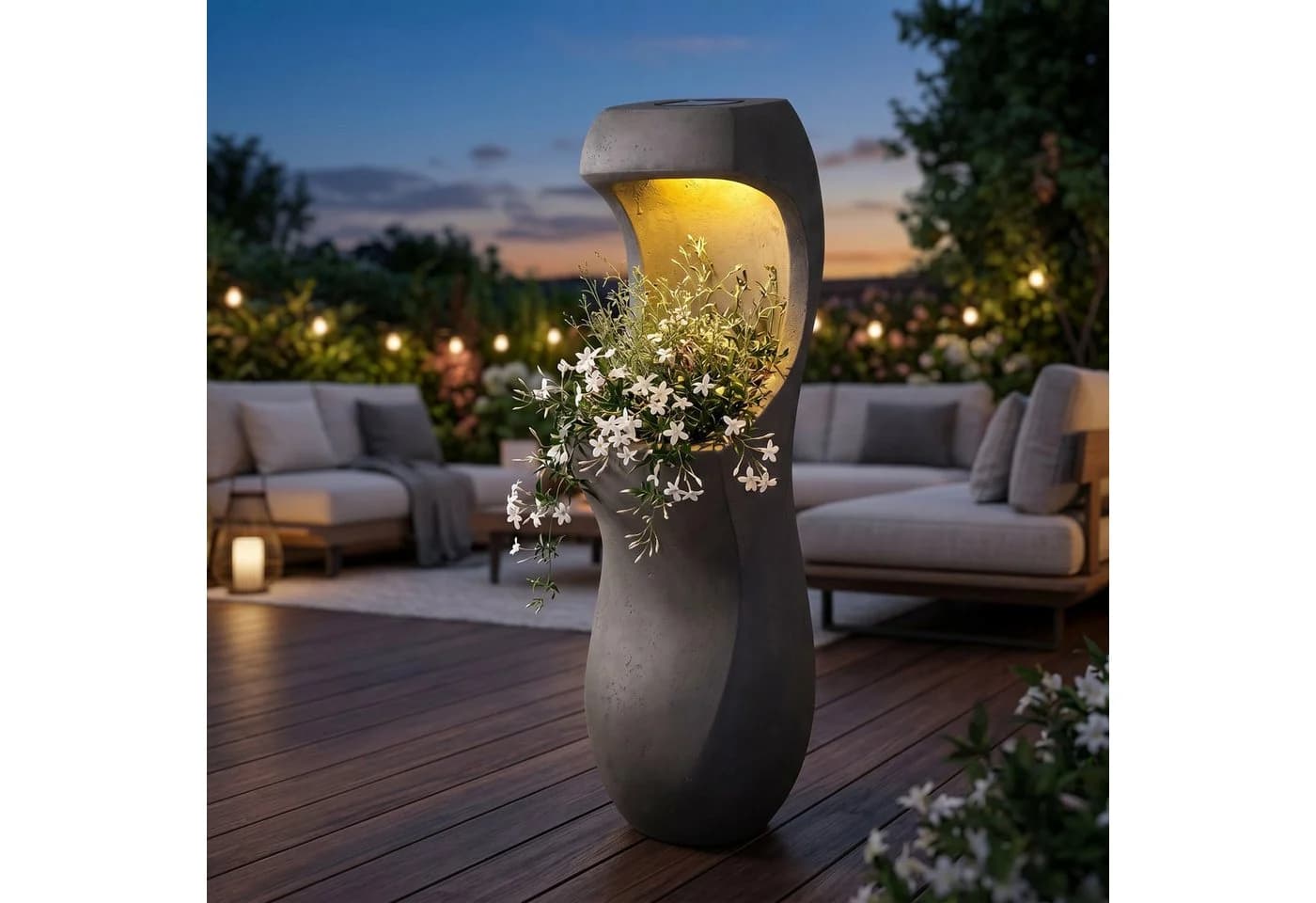 Arnusa Solar-Blumentopf mit LED-Beleuchtung Grau Fiberclay - Bild 3