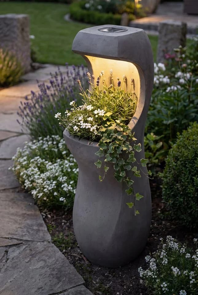 Arnusa Solar-Blumentopf mit LED-Beleuchtung Grau Fiberclay - Bild 4