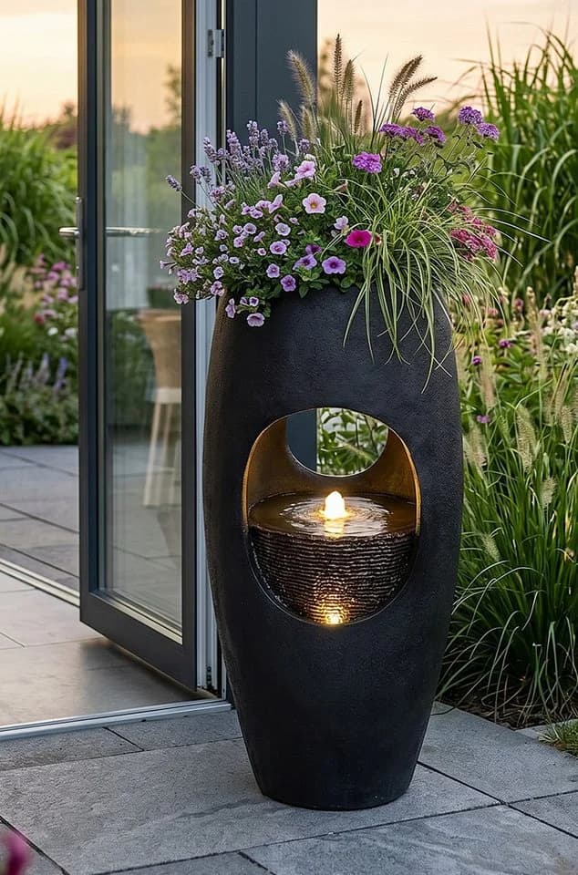 Arnusa Gartenbrunnen LED Springbrunnen bepflanzbar 91 cm dunkel Grau