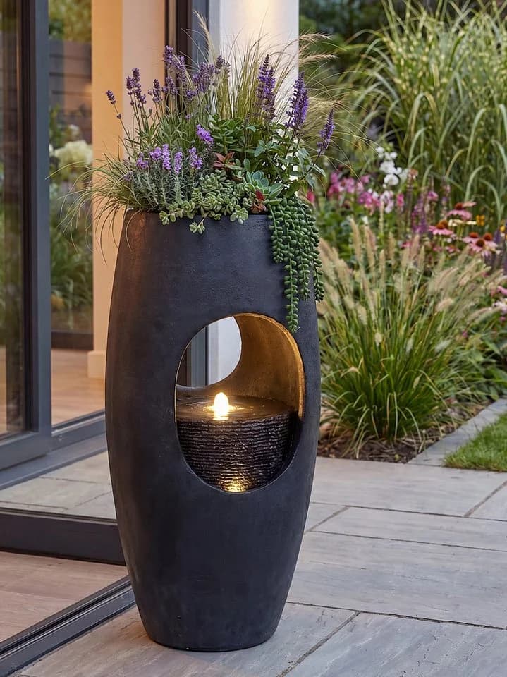 Arnusa Gartenbrunnen LED Springbrunnen bepflanzbar 91 cm dunkel Grau - Bild 2