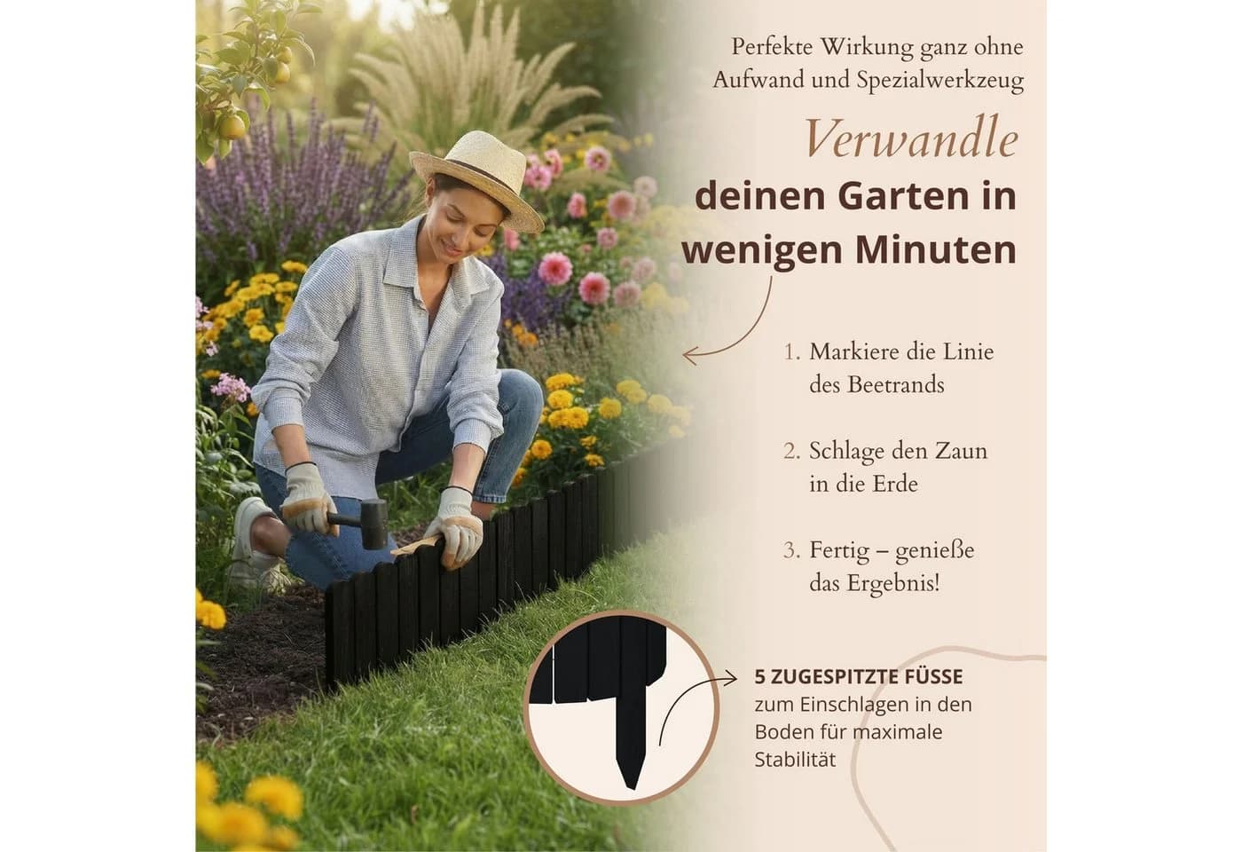 Floranica Beeteinfassung Schwarz 200x10 cm Kiefernholz - Bild 5
