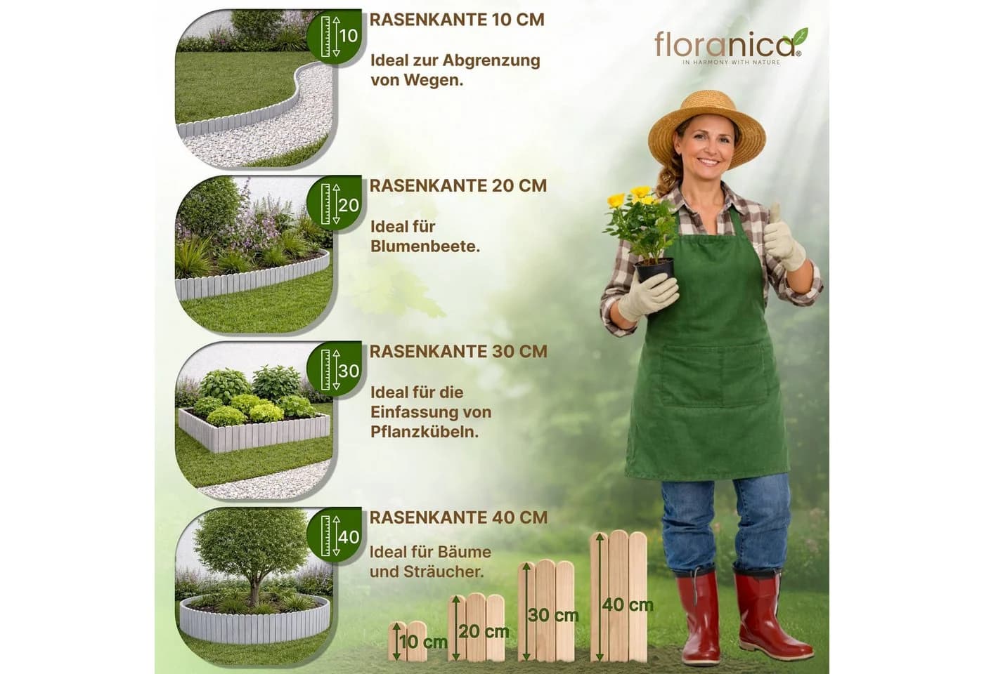 Floranica Flexible Rasenkante Hellgrau Kiefernholz Beetumrandung