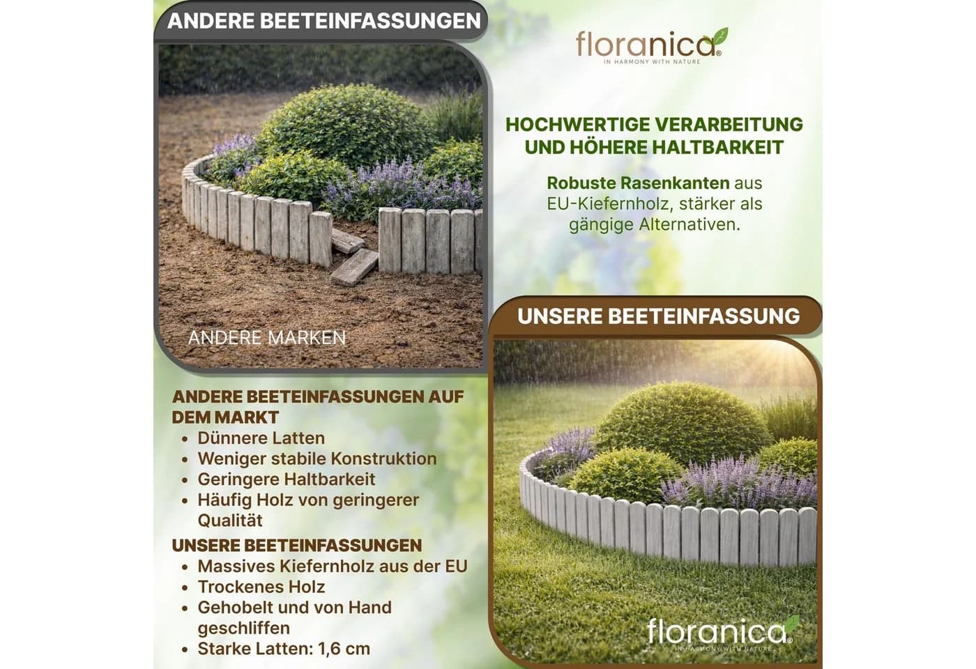 Floranica Flexible Rasenkante Hellgrau Kiefernholz Beetumrandung - Bild 4