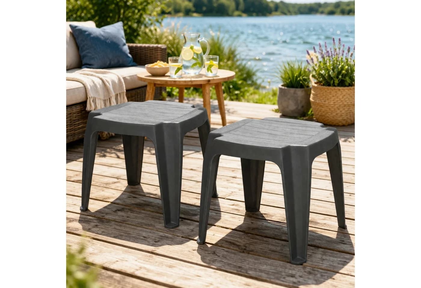 Progarden Gartenlounge-Hocker 2er Set Anthrazit Kunststoff Wetterfest Stapelbar - Bild 2