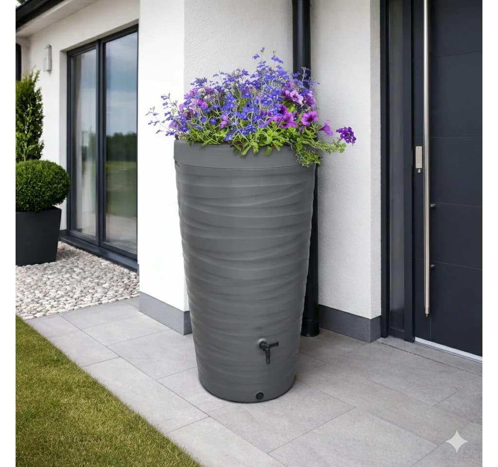 YourCasa Regentonne 240L Grau Wave Design Bepflanzbar
