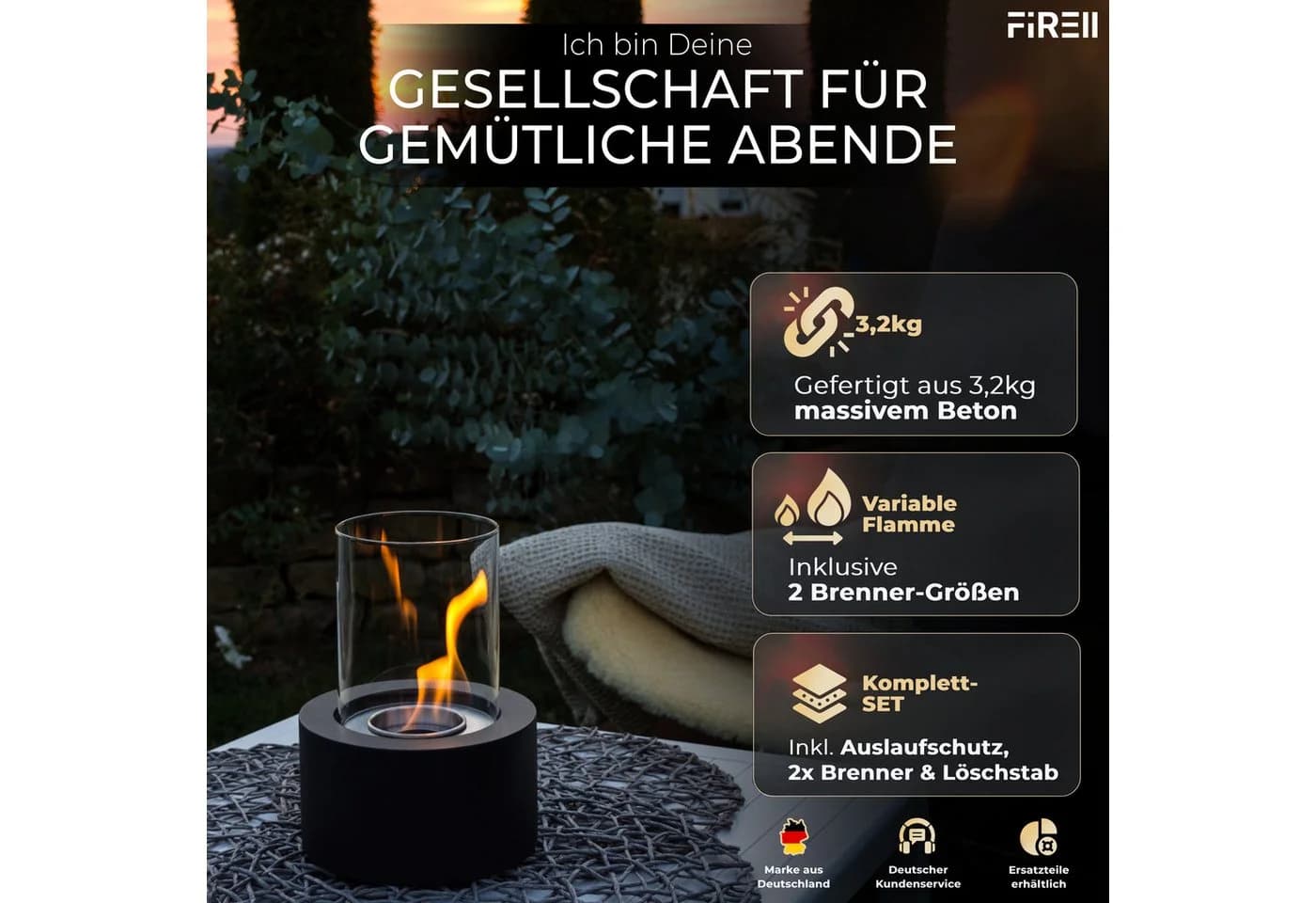 FIRELL Tischkamin VERVE Bioethanol Beton Edelstahl Komplett-Set
