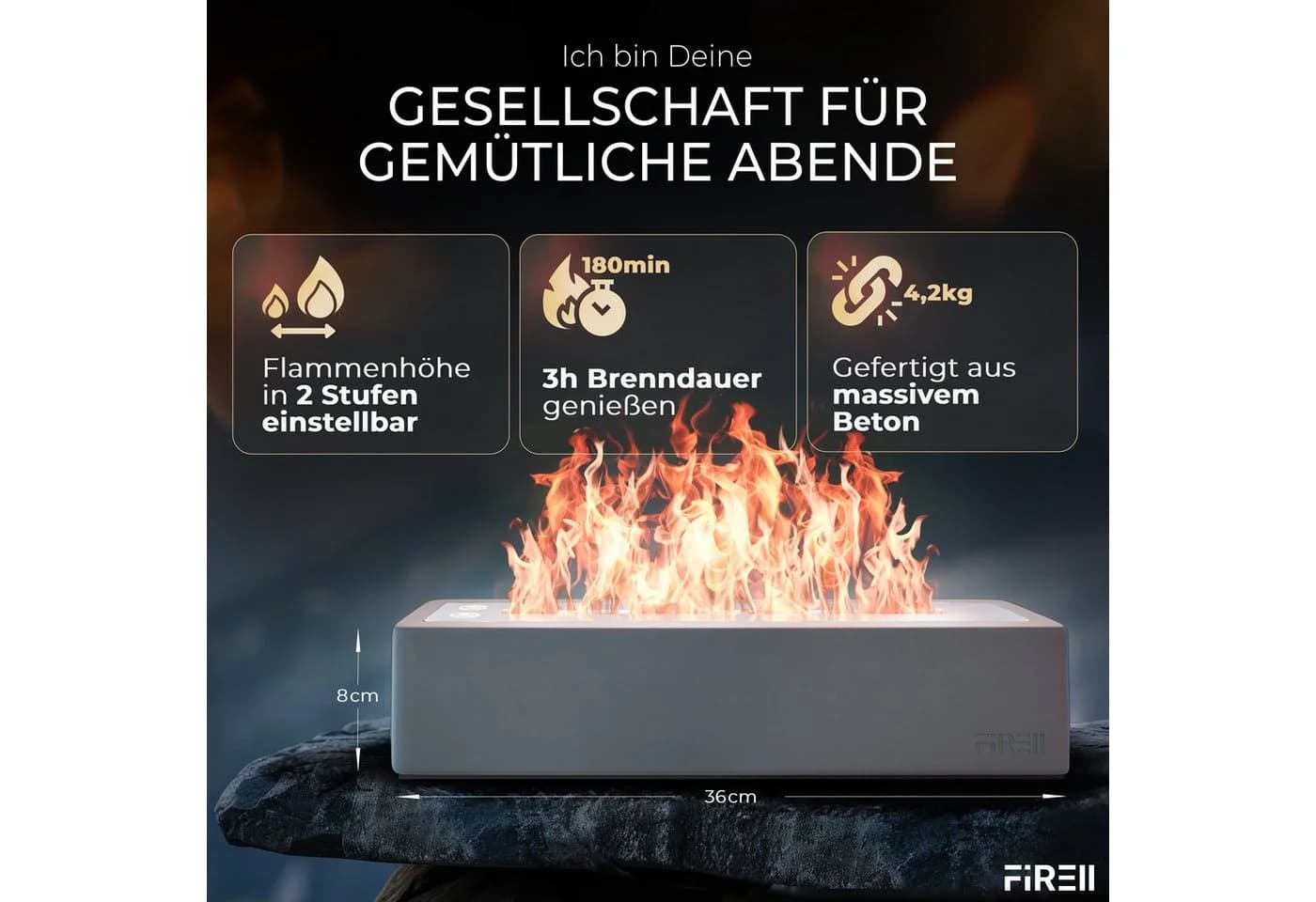 FIRELL Tischkamin SQUARE aus massivem Beton mit Edelstahlbrenner - Bild 5