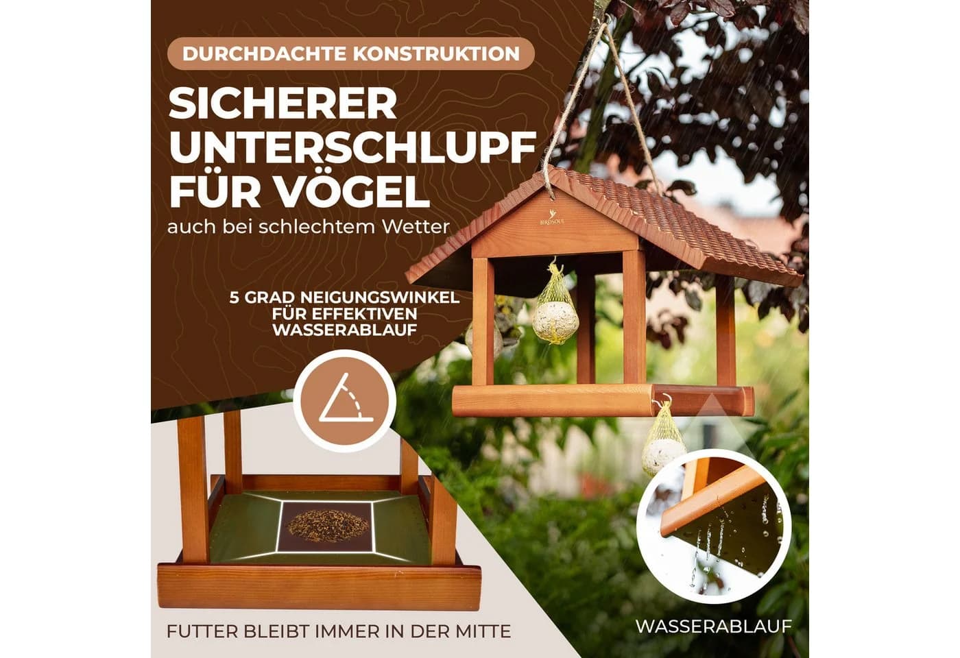 BIRDSOUL Vogelhaus Nordic Braun Wasserableitendes Design
