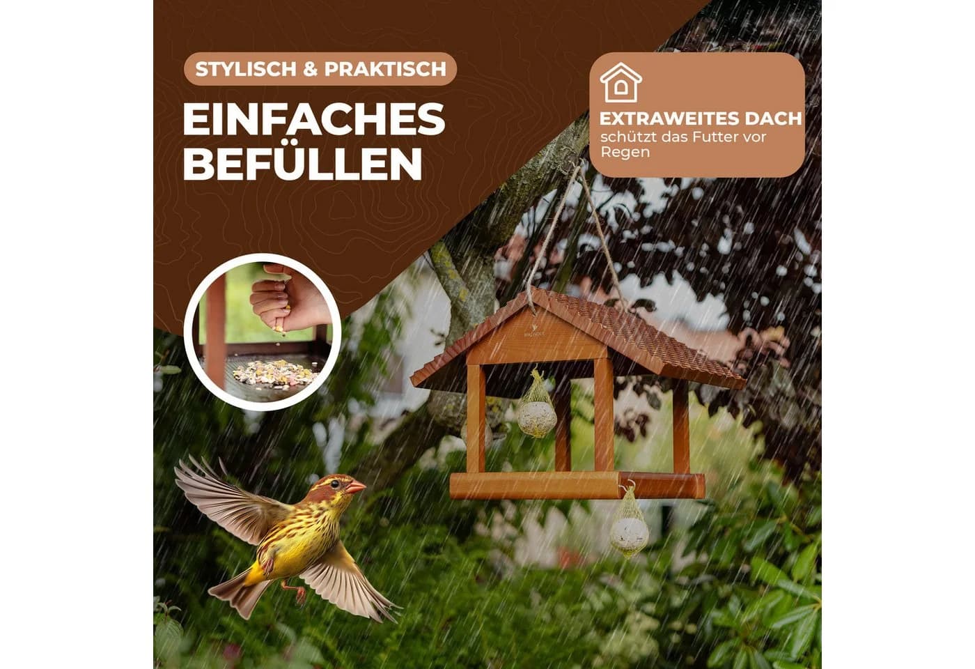 BIRDSOUL Vogelhaus Nordic Braun Wasserableitendes Design - Bild 3