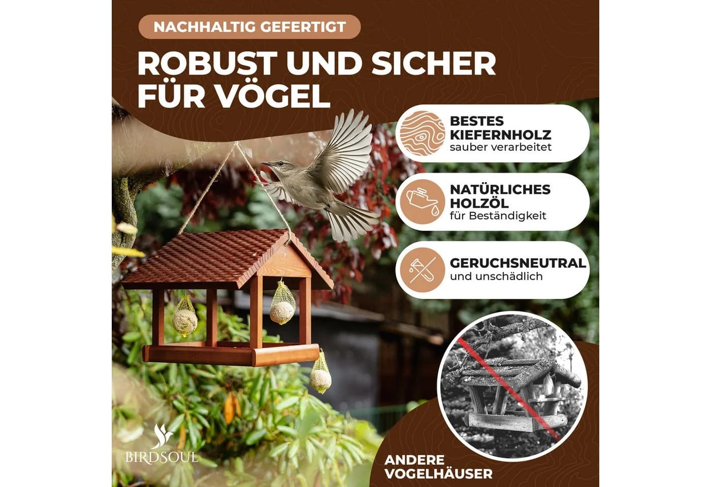 BIRDSOUL Vogelhaus Nordic Braun Wasserableitendes Design - Bild 5
