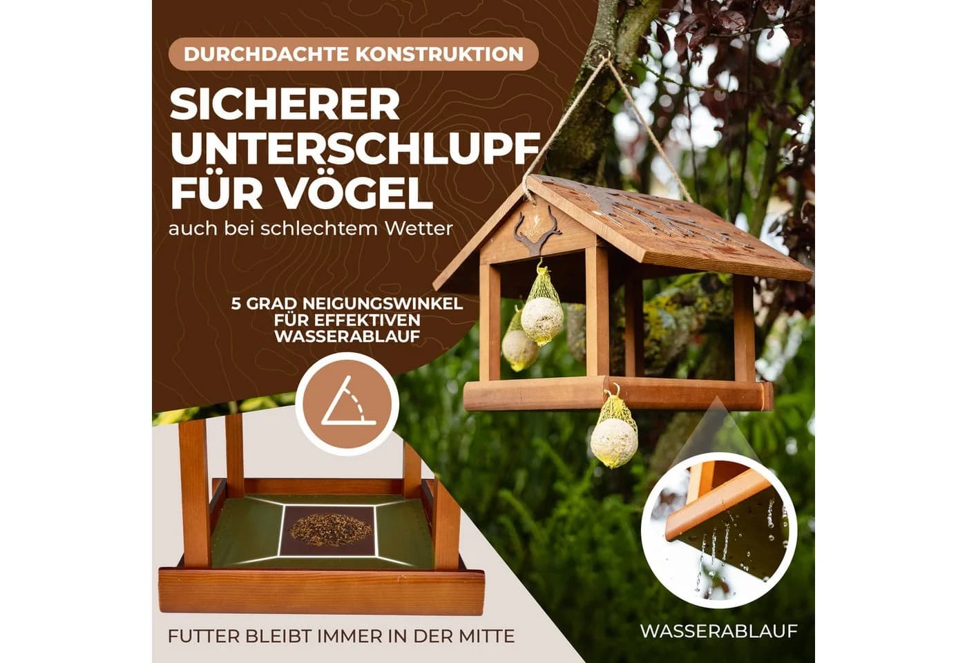 BIRDSOUL Vogelhaus Forest Braun Wasserableitendes Design