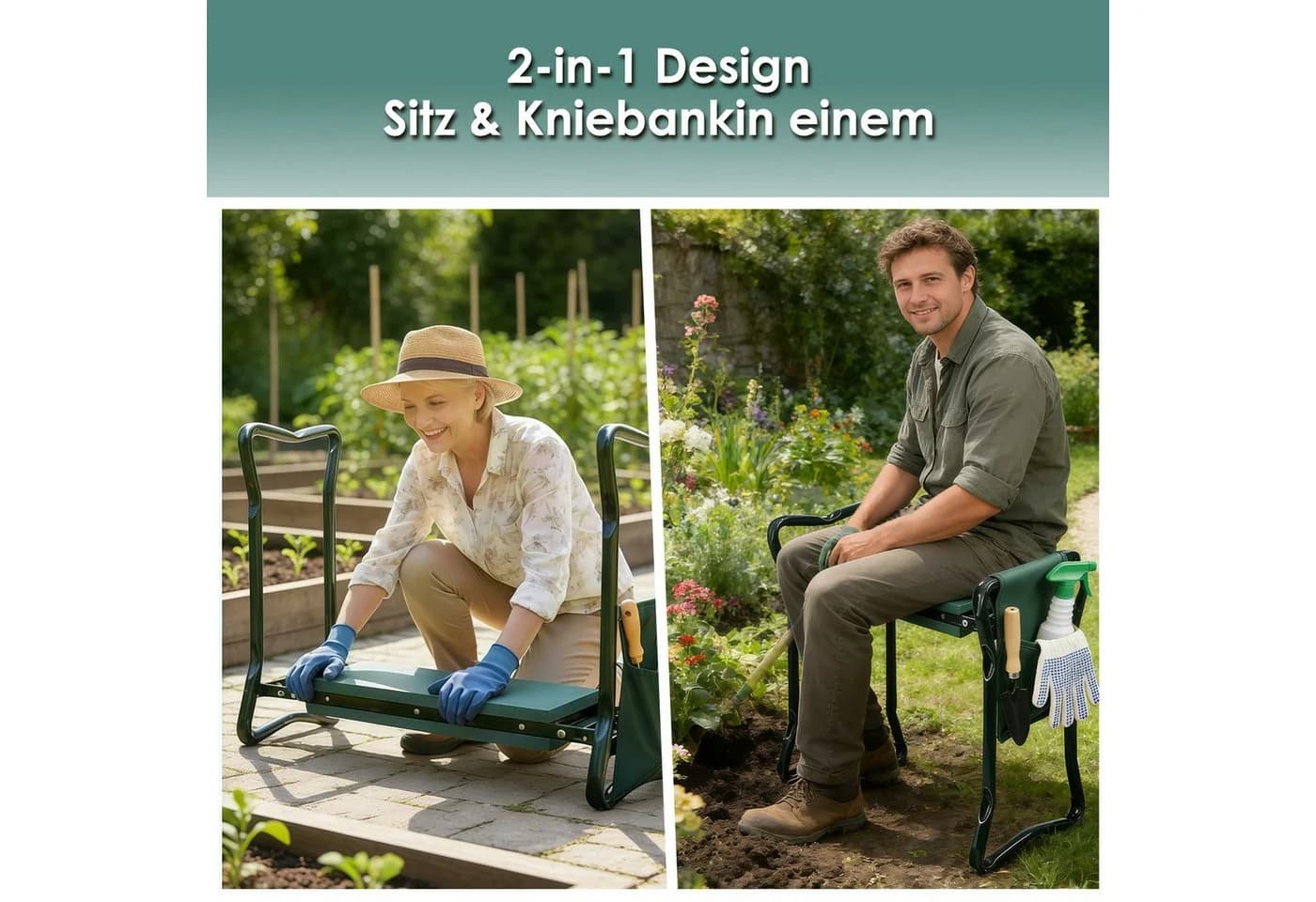 PFCTART Klappbare Gartenkniebank mit EVA-Polster und Werkzeugtaschen