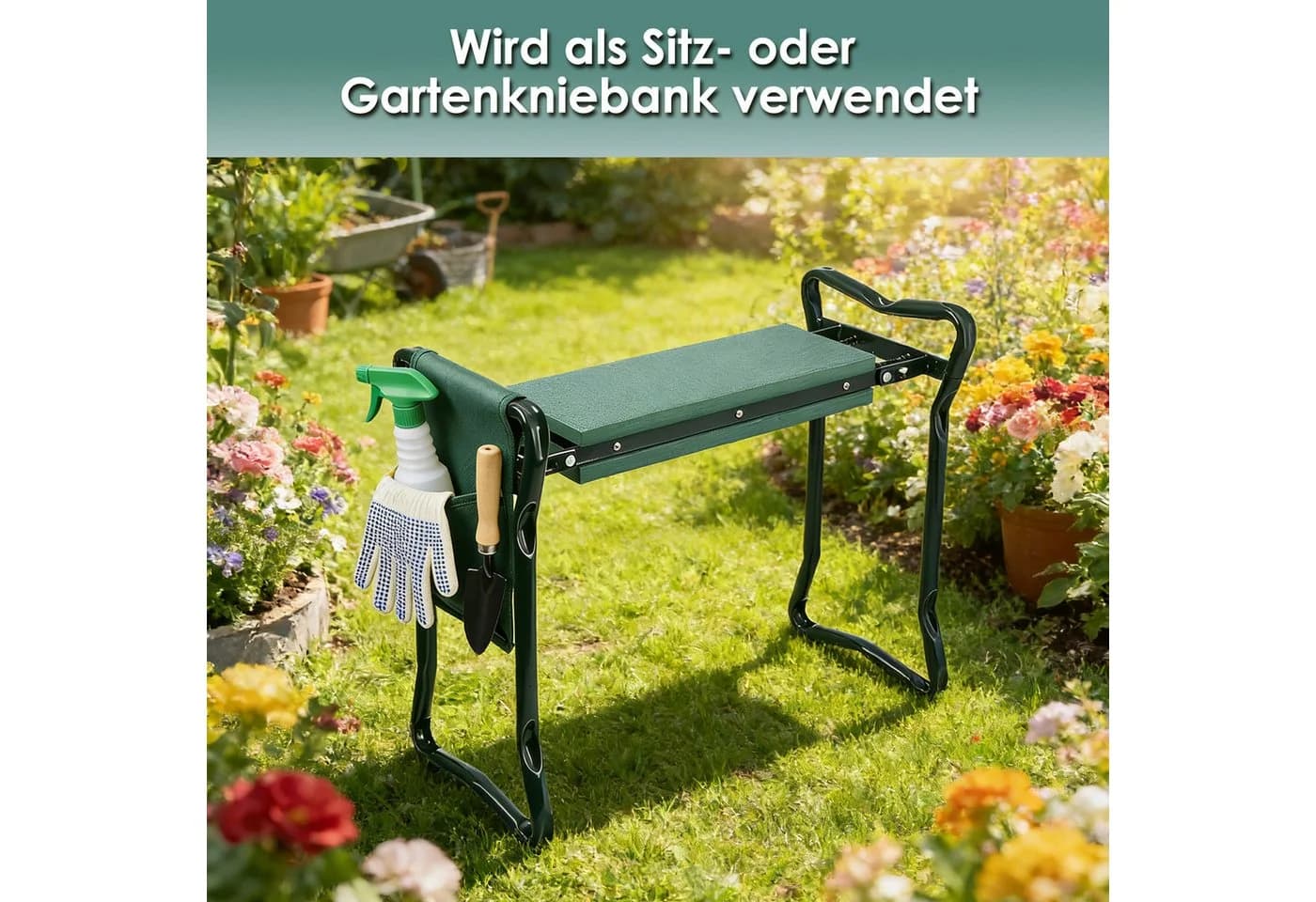 PFCTART Klappbare Gartenkniebank mit EVA-Polster und Werkzeugtaschen - Bild 3