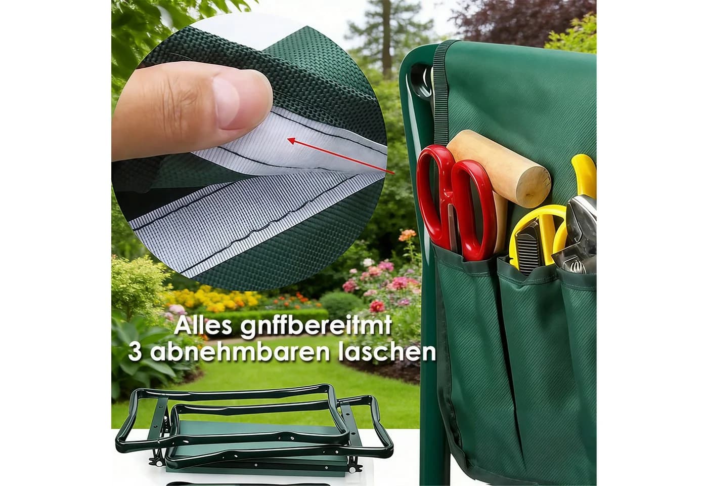 PFCTART Klappbare Gartenkniebank mit EVA-Polster und Werkzeugtaschen - Bild 5