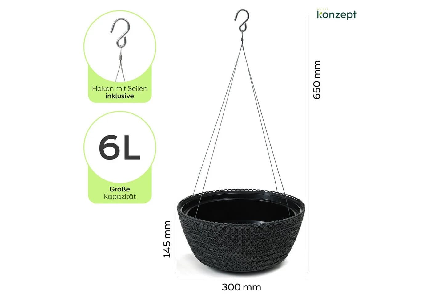 KONZEPT Blumenampel Hängend 30 cm Grau Anthrazit Weiß - Bild 3