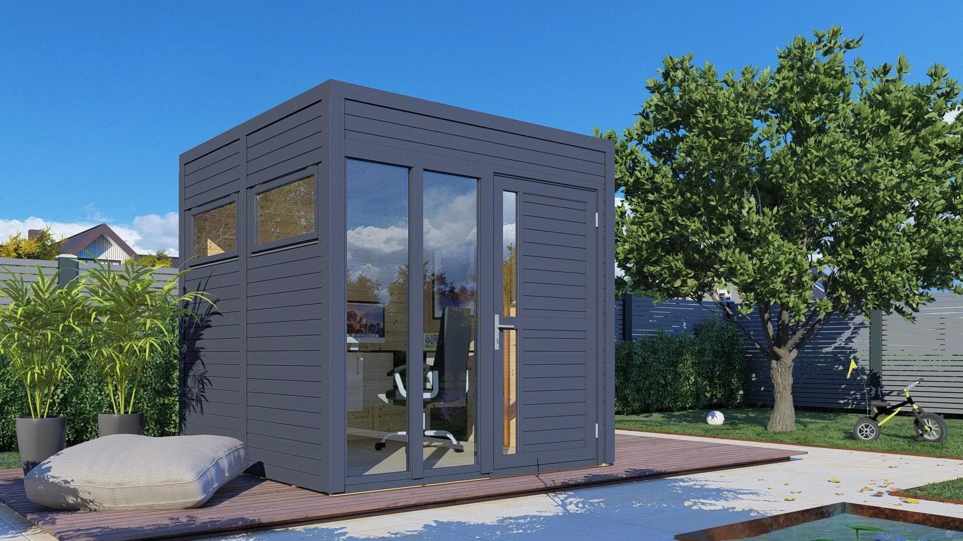 Gartenhaus BERTILO Cubus 2 Office Anthrazit Massivholz