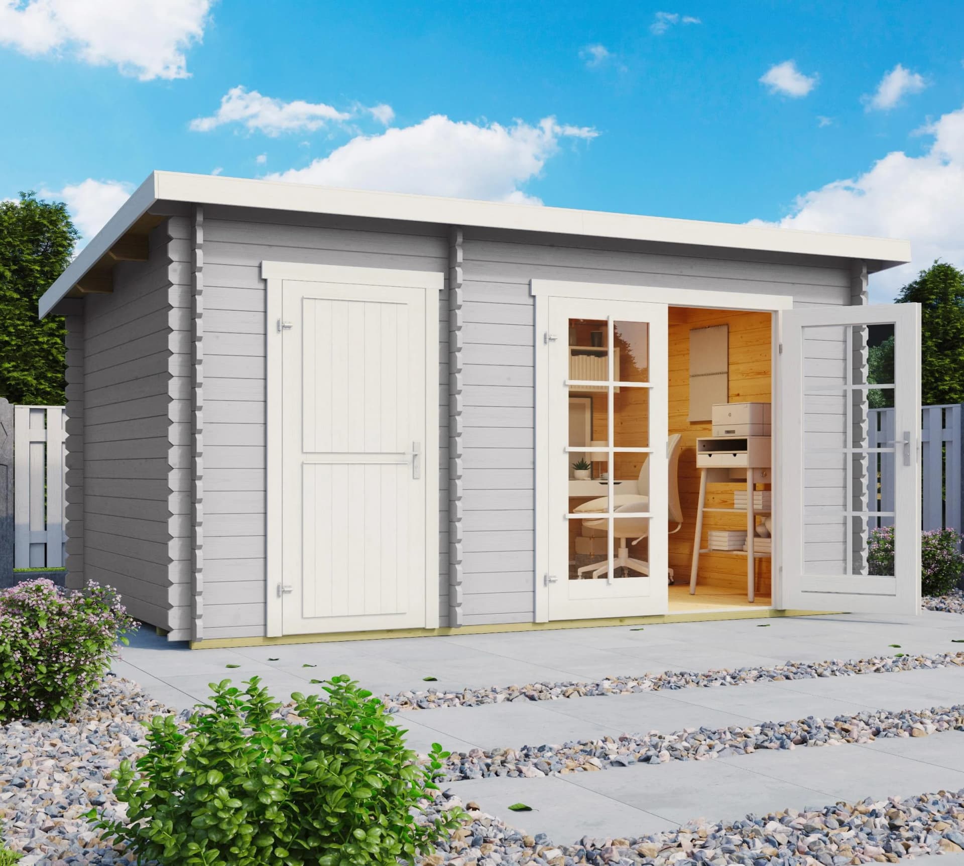 Lasita Maja Gartenhaus Belmont 1 Lichtgrau Blockbohlensystem