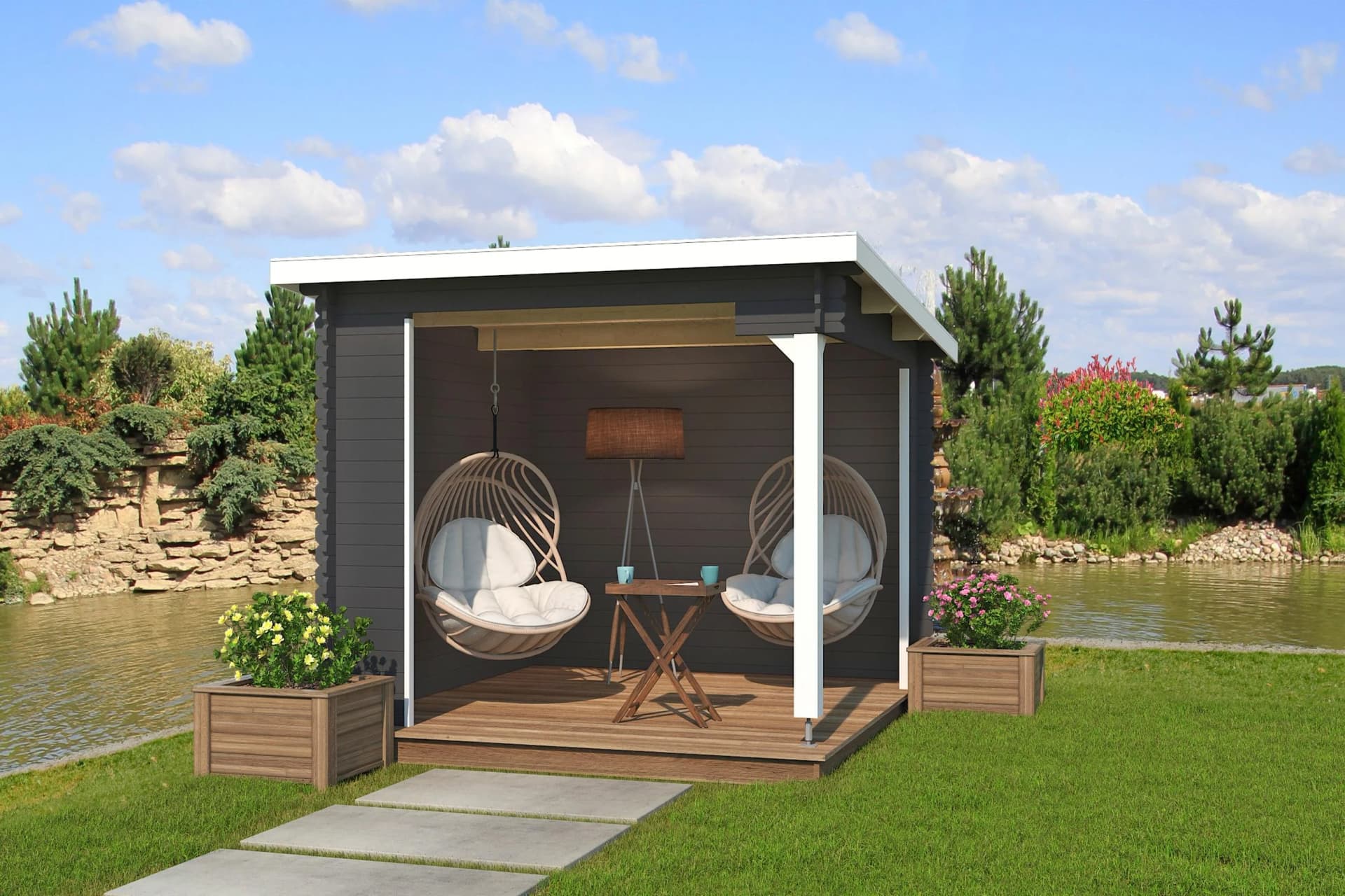 Modernes Gartenhaus im Pultdach-Stil aus Holzwerkstoff und Fichte