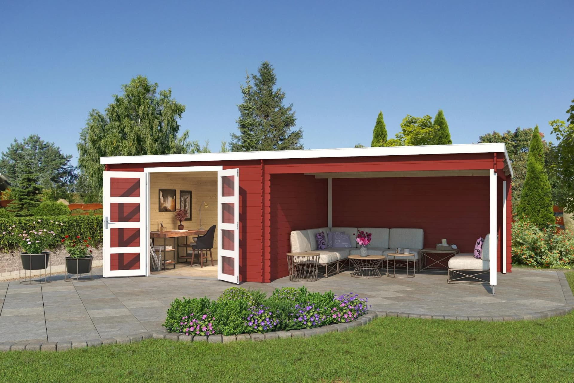 Gartenhaus New Orleans Stil Schwedenrot 730x359 cm