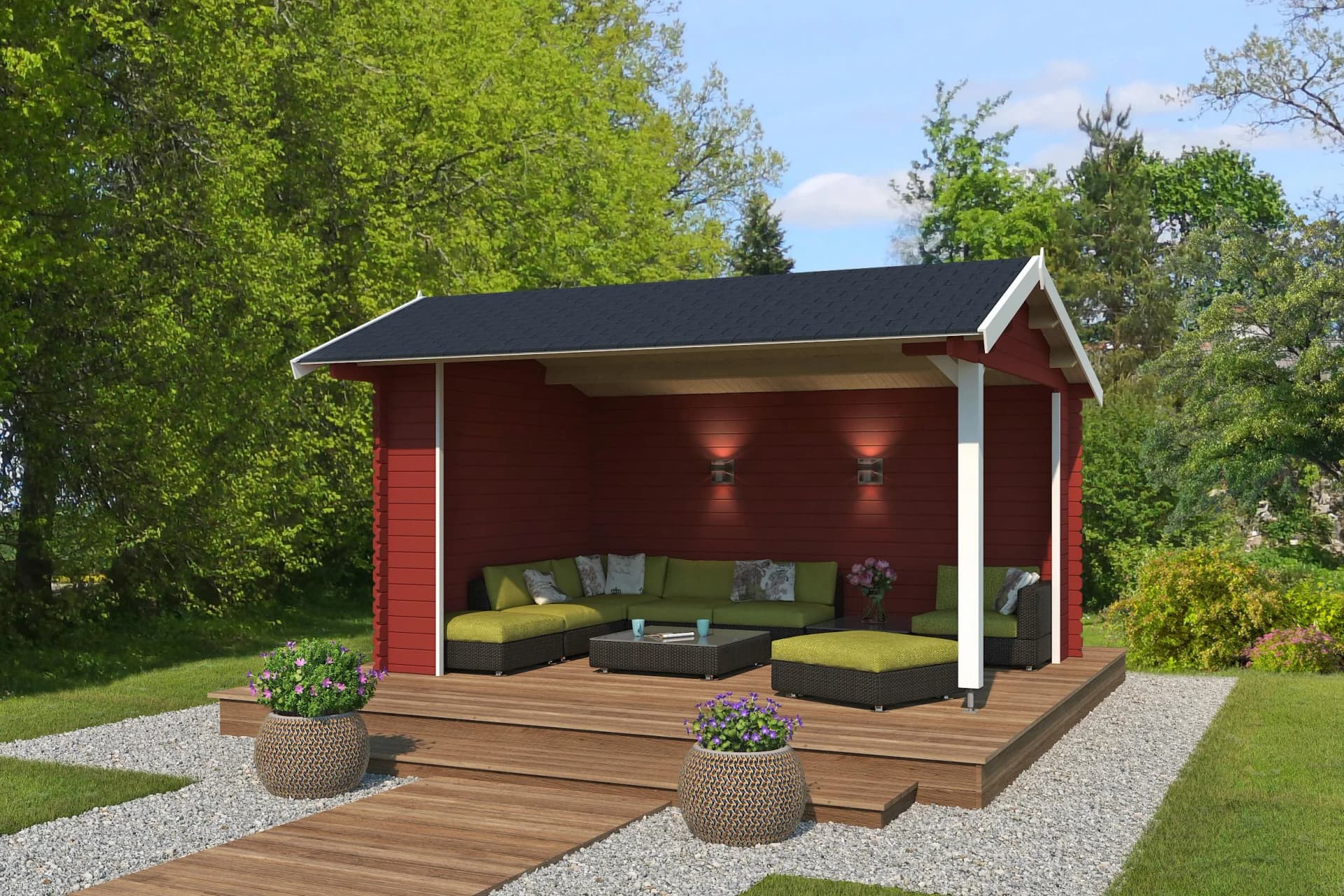 Gartenhaus aus Holzwerkstoff und Fichte in Schwedenrot
