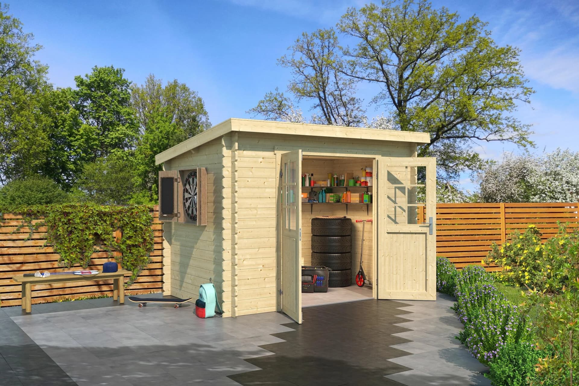 Gartenhaus Blockbohlenhaus mit Pultdach und Doppelflügeltür