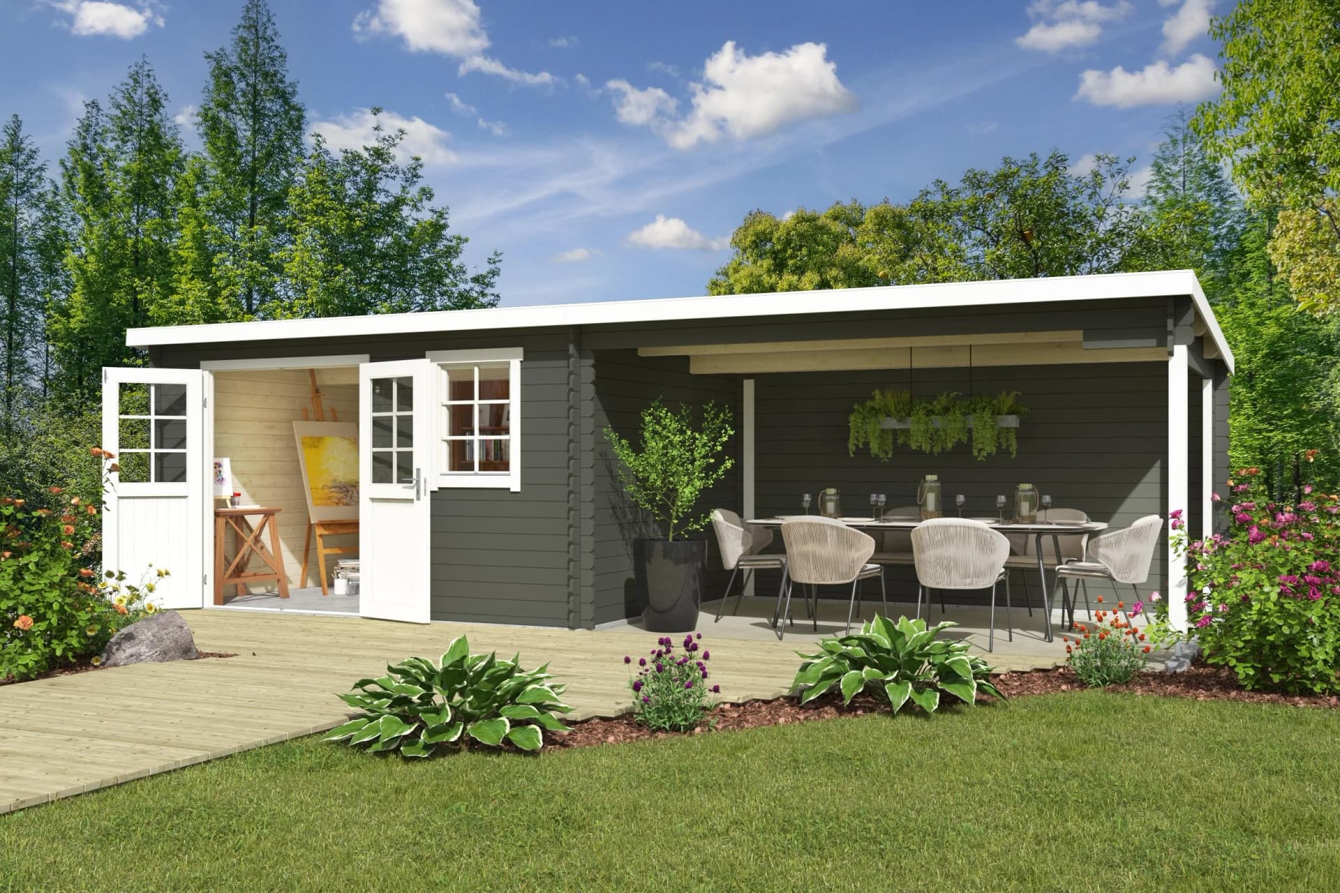 Gartenhaus NORDIC HOLZ Reno Grüngrau Massivholz