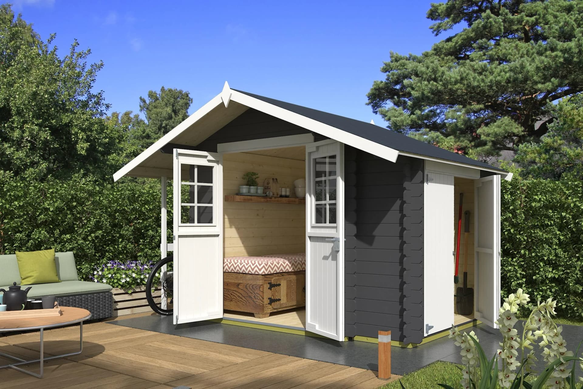 Gartenhaus Vilano 1 Carbongrau Massivholz 3 getrennte Bereiche