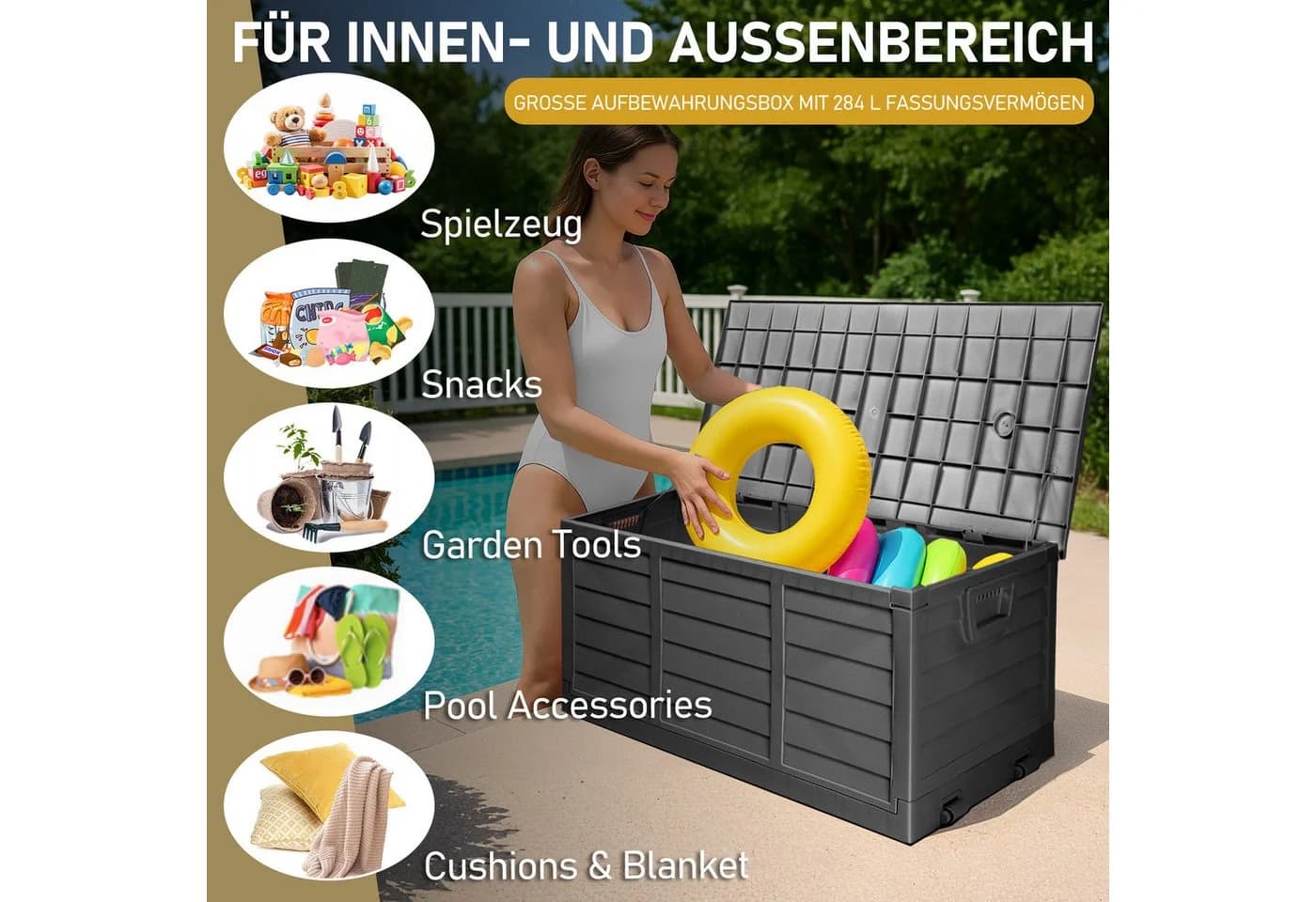 LALAHO Gartenbox 280L Schwarz mit Rollen Wasserdicht - Bild 3